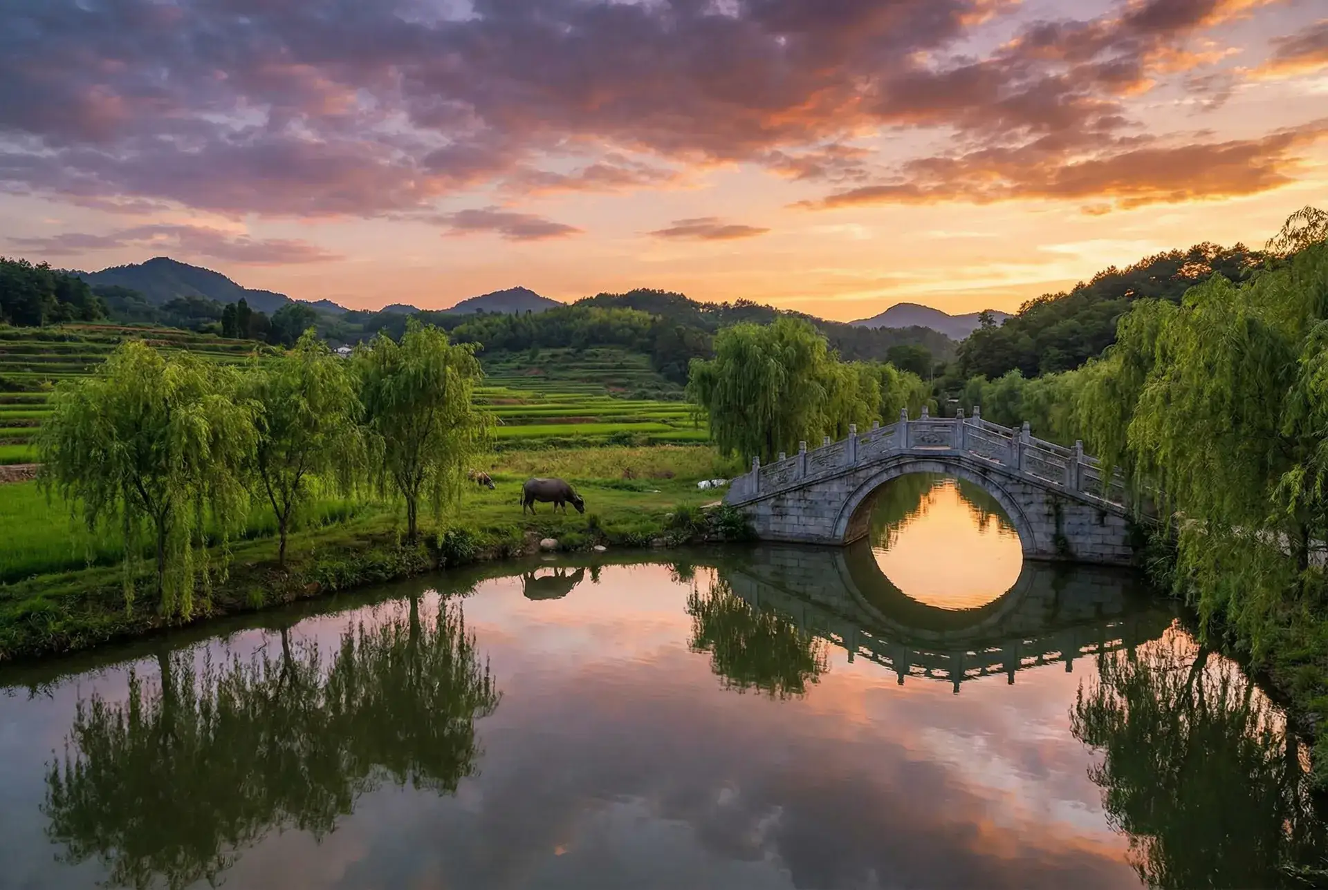 夕阳下的石拱桥与垂柳，水牛在河边吃草 - 镜的连招是什么 乡村美景